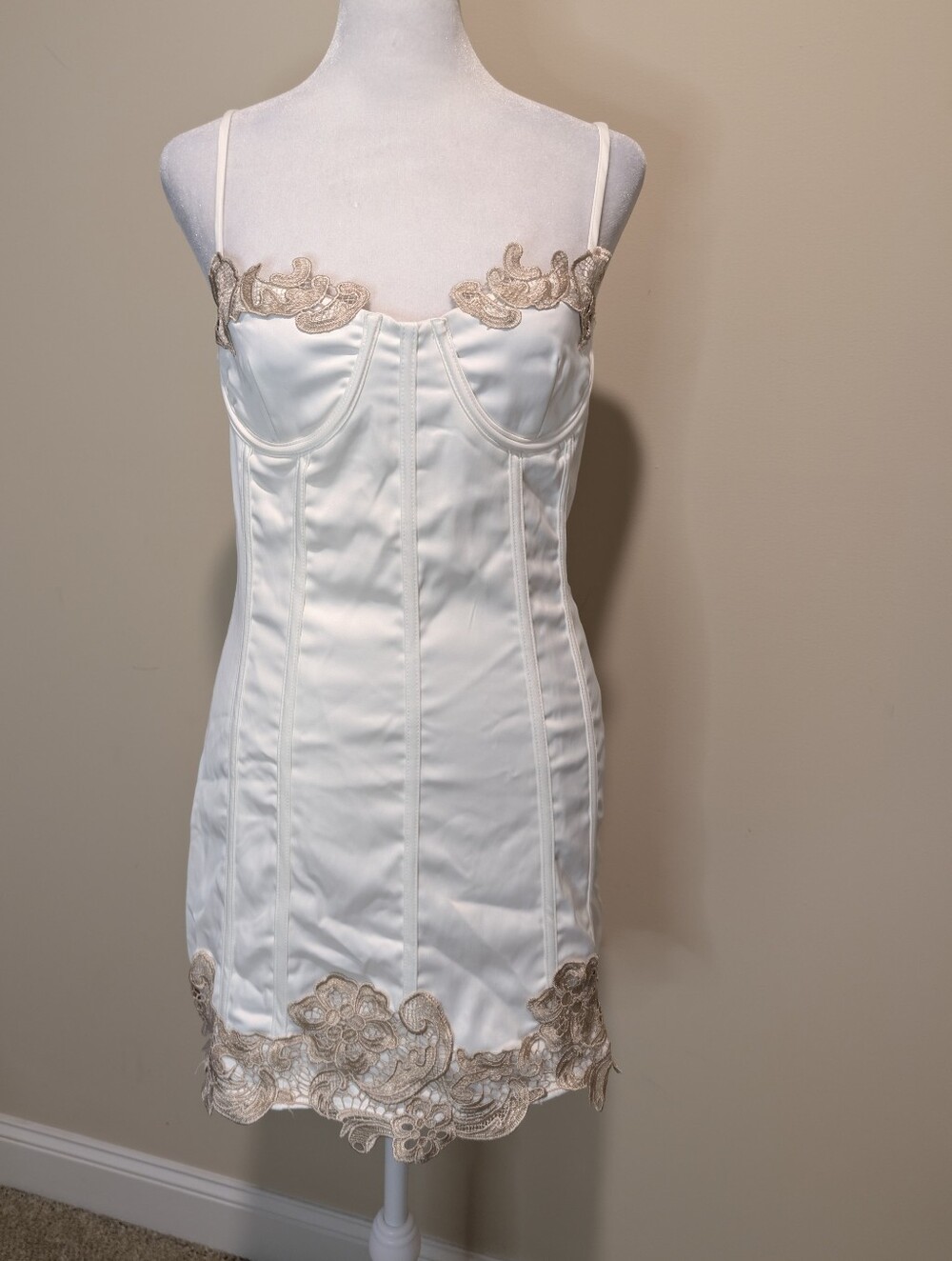 Fashion Nova Ivory Corset Dress with Gold Lace Accents